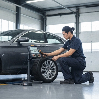 Technician using modern tool to inspect a car tire