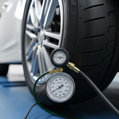 Close-up of a tire pressure gauge checking a car tire, emphasizing regular maintenance