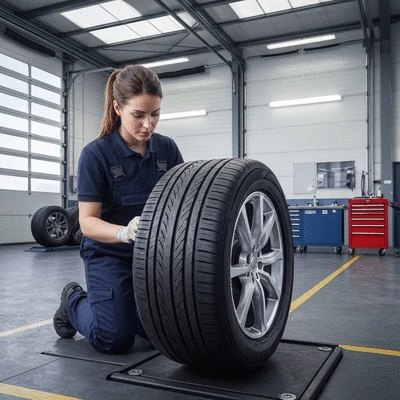 Mechanic inspecting a car tire for wear and compatibility