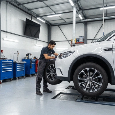 Un technicien dans un atelier spécialisé effectuant le montage d'un pneu de voiture électrique
