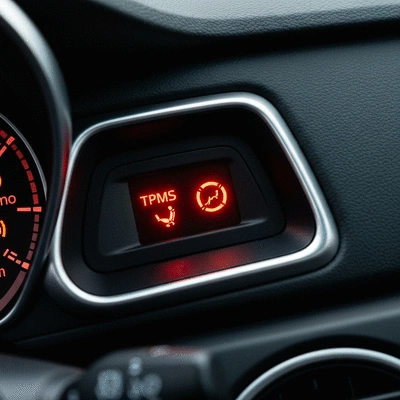 Close-up of a TPMS warning light on a car dashboard