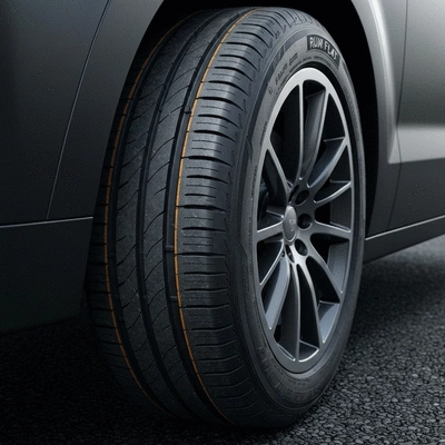 Close-up of a damaged Run Flat tire on a car wheel, showing reinforced sidewalls