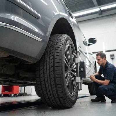 Car on a lift in a garage with a mechanic inspecting wheel alignment
