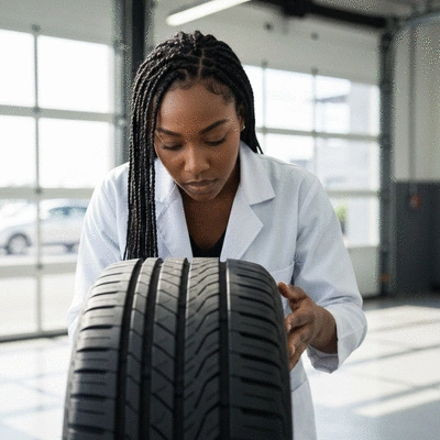Person inspecting a new car tire, clean image