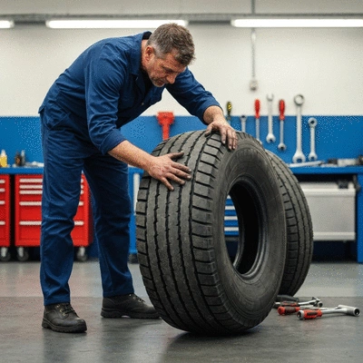 Mechanic inspecting a commercial vehicle tire