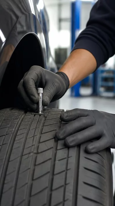 Mechanic checking tire tread depth with a gauge