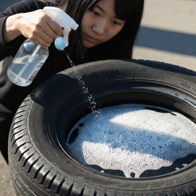 Person using soapy water to find a tire leak