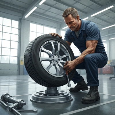 Mechanic quickly fitting a car tire in a modern garage, clean image