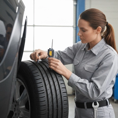 Mechanic inspecting the tread depth of a car tire with a depth gauge, emphasizing safety and maintenance, no text, no words, no typography, clean image