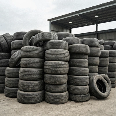 Pneus usagés empilés dans un centre de recyclage, montrant le processus de collecte