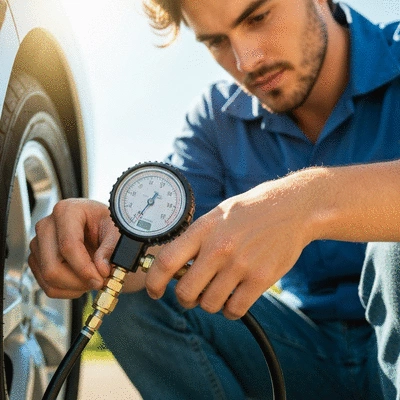 Person checking tire pressure with a gauge