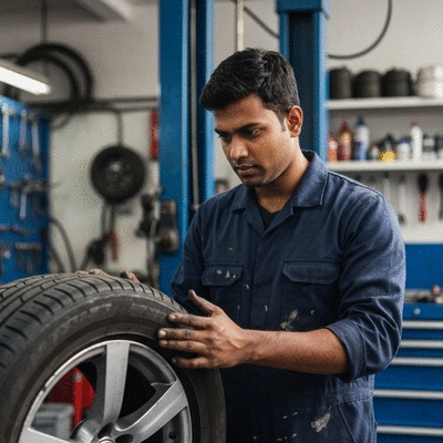 Mécanicien automobile inspectant un pneu de voiture