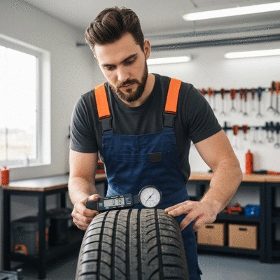 Personne vérifiant la profondeur des sculptures d'un pneu d'occasion avec un jauge