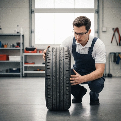 Expert inspecting a used car tire for quality and safety