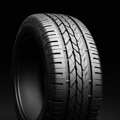 Brand new car tire with deep tread, clean and shiny, on a dark background, indicating safety and performance, no text, no words, no typography, clean image