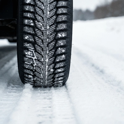 Close-up of a winter tire with deep treads on a snowy road, no text, no words, no typography, clean image