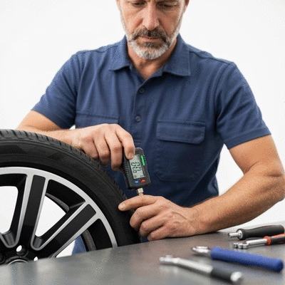 Person checking tire pressure with a gauge, close-up, focused on the tire and gauge