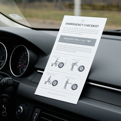 Checklist d'urgence imprimée pour crevaison sur un tableau de bord de voiture